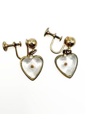Vintage Gold Tone Mustard Seed Heart Screw Back Earrings